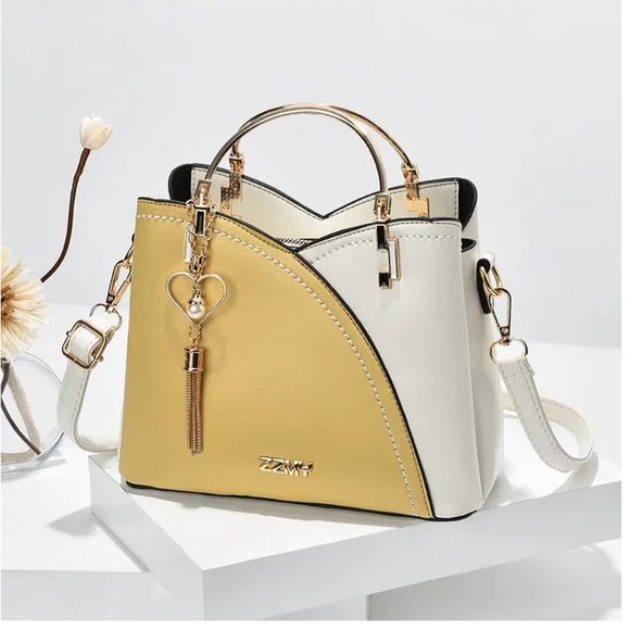 Yellow & Beige Leather Handbag with Shoulder Strap Stylish & Functional 5 Pocket - Picture 3 of 8